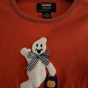 Women's Long Sleeve Orange Shirt with Ghost Design - Petite Medium